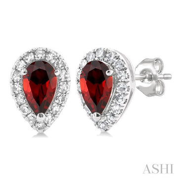 5x3 MM Pear Shape Garnet and 1/8 Ctw Single Cut Diamond Halo Semi-Precious Stud Earrings in 14K White Gold